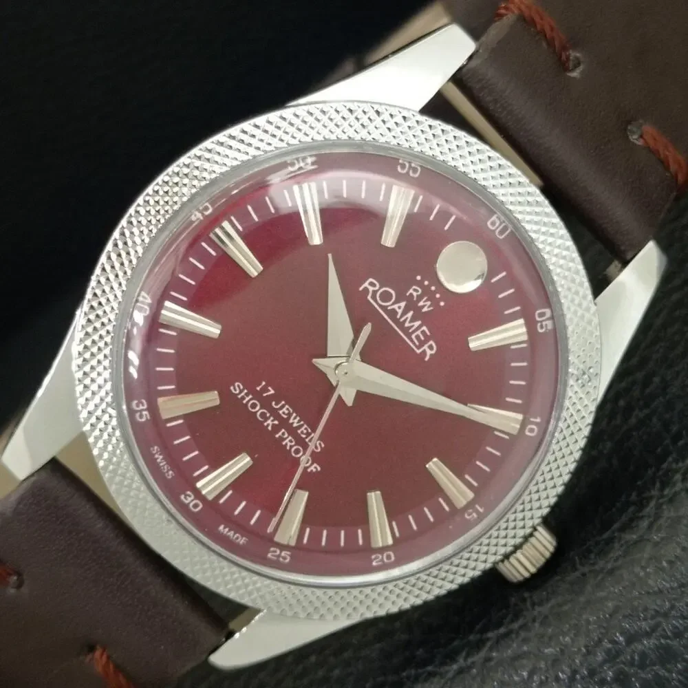 Vintage 1975 Roamer Manual Mens Silver Watch W/Leather Strap & Red accents